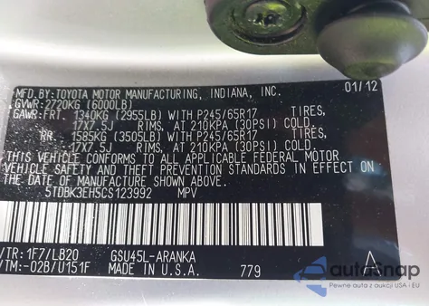 2012 Toyota Highlander Se V6 из США, поврежденный, VIN 5TDBK3EH5CS123992